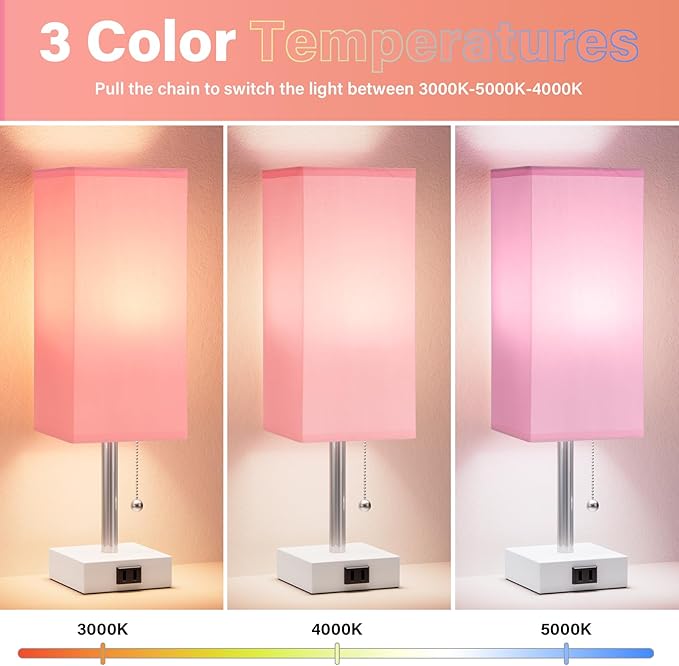 Pink Bedside Table Lamps for Bedroom - Small Nightstand Lamp Set of 2 with AC Outlet Charging Port, 3 Color Temperatures Rectangular Desk Light, Tabletop Reading Lamp for Living Room/Dorm/Office