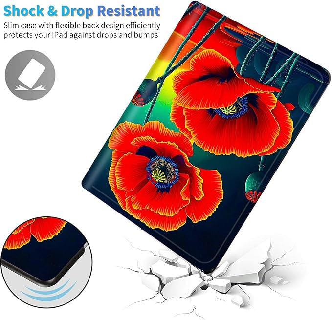 for Amazon Kindle Fire HD 10 (9th/7th/5th Generation, 2019/2017/2015 Release) 10.1" Tablet Case, Slim Kickstand Stand Leather Smart Cover with Auto Wake/Sleep, Red Flower