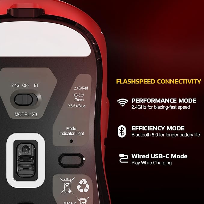 ATTACK SHARK X3 Wireless Gaming Mouse, 49g Ergonomic Computer Mouse, Triple Modes PAW3395 26K DPI Optical Sensor, 200h Battery Life, Programmable Buttons, Gaming Accessories for PC/Laptop/Mac (Red)