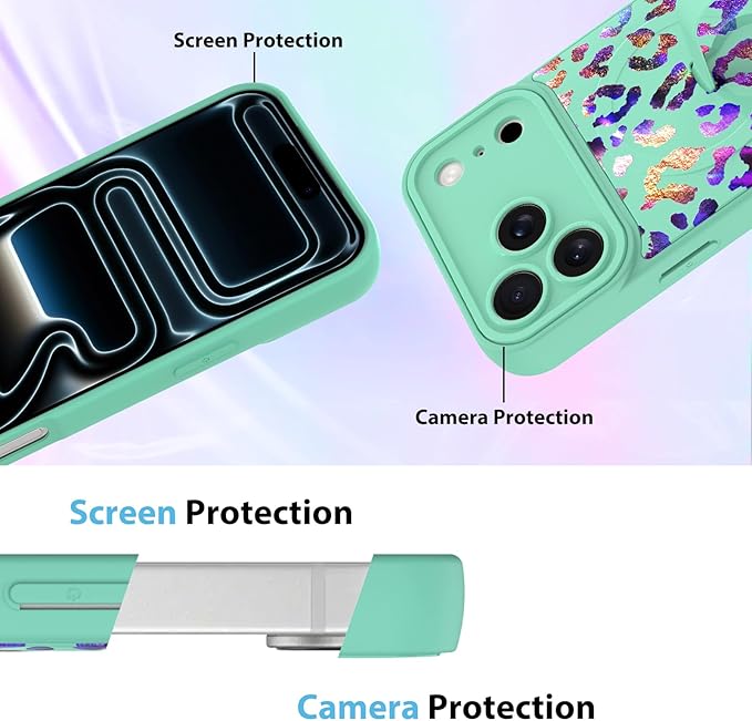 KANGHAR Compatible with iPhone 17 Pro Max Case, Support for MagSafe, Silicone Cute Iridescent Leopard Cheetah Pattern, Wristband Kickstand Shockproof Protective Slim Cover for Women Girls, Green