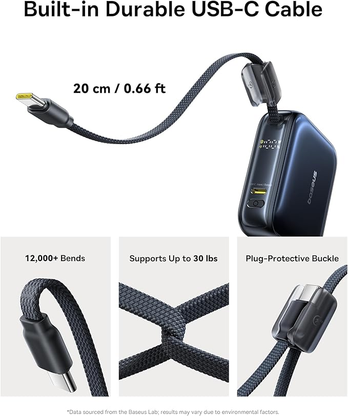 Baseus PicoGo AC22 Mini Power Bank, 10000mAh 45W PD Portable Charger Built-in USB-C Cable, Ultra Small Sized Battery Pack, Fast Charging Battery Bank for iPhone 17/16/15 Samsung S25/S24 Pixel 10 iPad