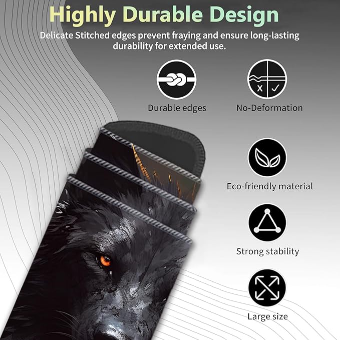 Extended Non-Slip Mouse Pad + Mouse Wrist Rest + Lace-Shaped Coaster Set, Ergonomic Design, Suitable for Desk and Home Gaming Table Mat, Black Wolf