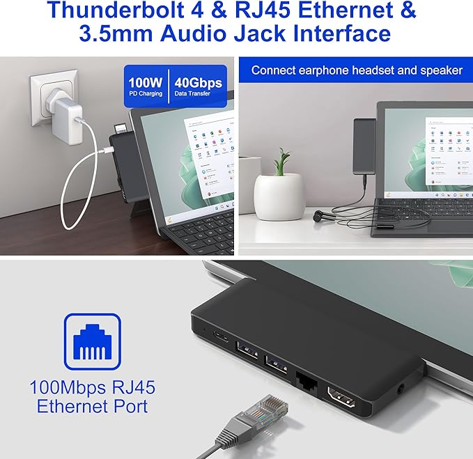 Surface Pro 11/10/9 Hub Docking Station with 4K HDMI, Thunerbolt 4(8K Video+40Gbps+100W PD), 100M Ethernet, USB 3.0, 3.5mm Audio, SD/TF Card Slot - USB C Hub Adapter for Surface Pro 11/Pro 10/Pro 9