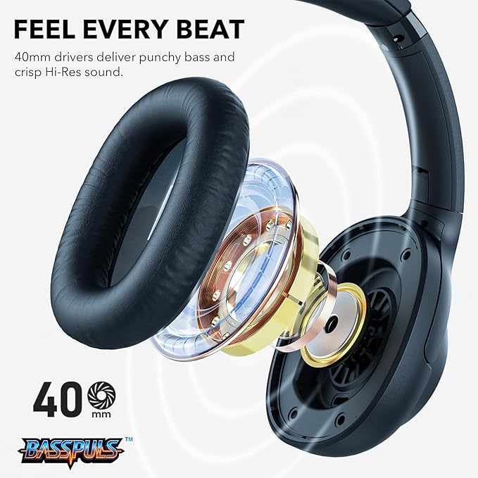 Bluetooth 6.0 Active Noise Cancelling Headphones for Airplane Travel, LDAC Hi-Res Audio, 90H Playtime Wired and Wireless Headphones, Over Ear ANC Headset for Home Office, Custom EQ via APP, Blue