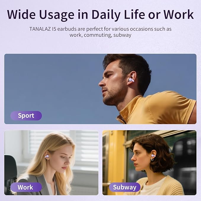Open Ear Earbuds I5, Bluetooth 6.0 Headphones for Gym & Running, IPX5 Sweatproof, 36H Playtime, Secure Clip-On Fit for Work & Sports (3-Purple)