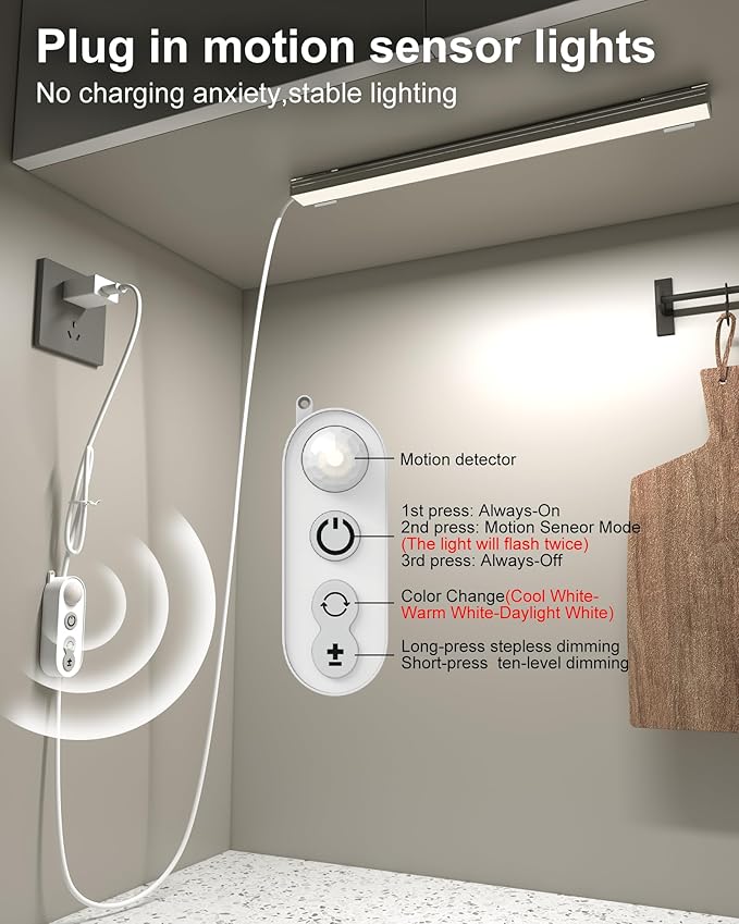 ASOKO Motion Sensor Dimmable Led Under Cabinet Lighting,14.5in USB Plug-in Under Desk Light with 3 Color Changing(2700K, 4000K,6000K),Dimmable LED Light Bar for Home Kitchen,Cabinet,Pantry