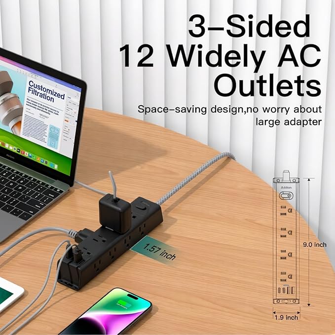 Addtam Black Power Strip Surge Protector with 12 AC Outlets & 4 USB Ports, 15FT Extension Cord, Flat Plug, Wall Mount, 1050J, Outlet Extender for Home Office Gaming Desk Setup, ETL Listed