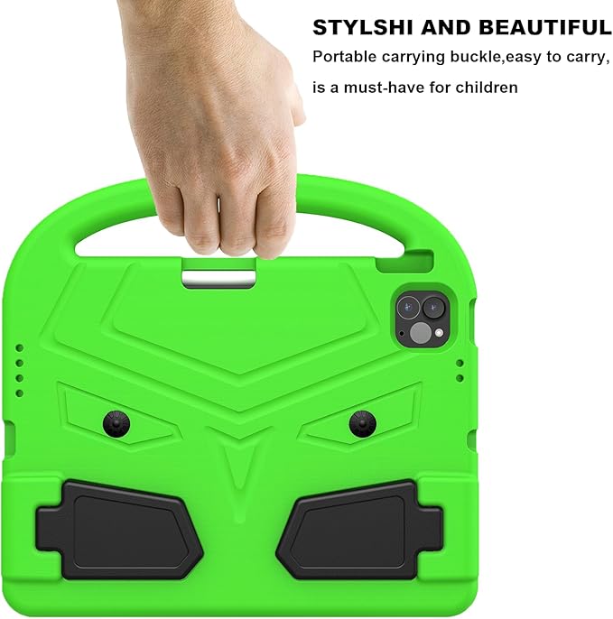 Kids Case for Apple iPad Pro 11 inch M5/M4 Tablet (2025/2024) with Pencil Holder/Handle/Kickstand Slim Lightweight Cute Soft EVA Foam Shockproof Stand Cover for Boys Girls Teens, Green Bird
