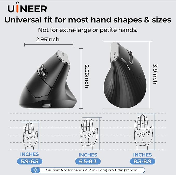 Uineer Wireless Ergonomic Mouse, Bluetooth Mice (BT4.0/5.0 and 2.4G) Rechargeable Vertical Mouse, 3 Multi-Device Connectivity for PC/Mac/Laptop/Computer, 4 DPI Quiet Clicks for Office, Home-Black