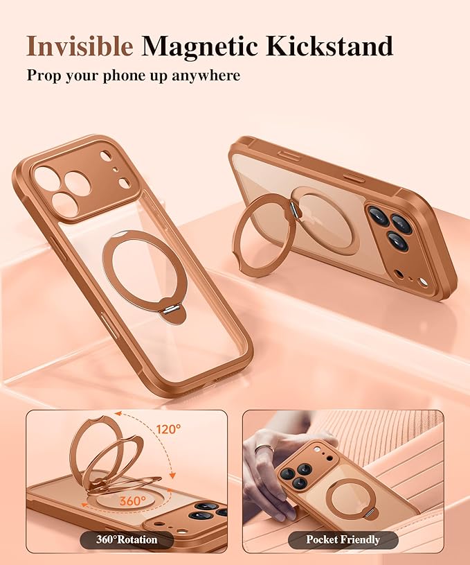 BERFY for iPhone 17 Pro Max Case, Compatible with MagSafe, Built in Privacy Screen Protector, Shockproof Full Body Phone Case for 17 Pro Max with Magnetic Stand, Clear Orange