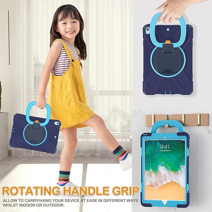 BRAECN Case for iPad Air 3rd Gen 10.5 Inch 2019, w/Pencil Holder, Carrying Shoulder Strap, Handle Grip, Kickstand, Heavy Duty Drop-Proof Protective Silicone Case for iPad Pro 10.5’’ 2017-Navy Blue