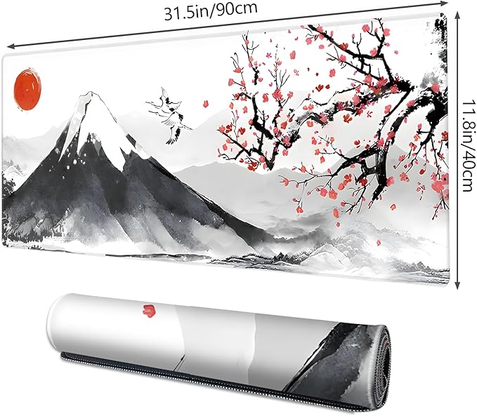 Galdas Mouse Pad for Gaming, Japanese Desk Mat,XXL XL Large Mouse Mat Long Extended Mousepad Non-Slip Rubber Mice Pads Stitched Edges Thin (31.5 x 11.8 x 0.12 Inches) Ink and Wash