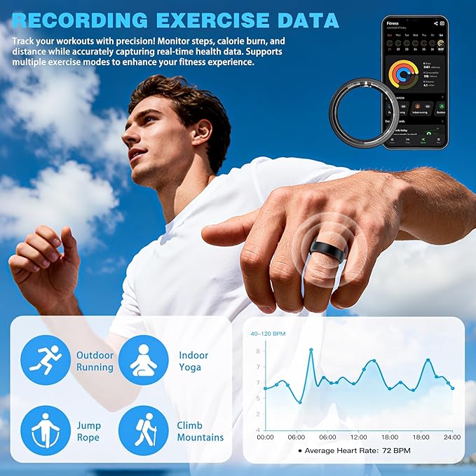 Smart Health Ring for Men Women, Fitness Tracker Ring with Sleep Monitoring, Heart Rate, SpO2, IP68 Waterproof, Step Counter Calorie Tracker Health Rings (Black 7)