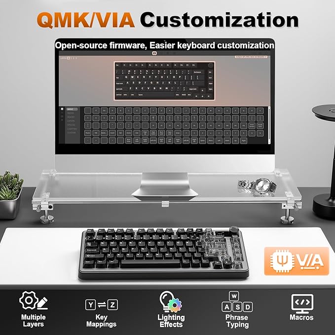 YUNZII B75 PRO MAX QMK/VIA Wireless Mechanical Keyboard,75% Layout with Screen and Knob,Custom Hot Swap Gasket,Creamy Pre-lubed Switches,Bluetooth/Type-C/2.4G for Win/Mac (Black,Cocoa Cream V2 Switch)