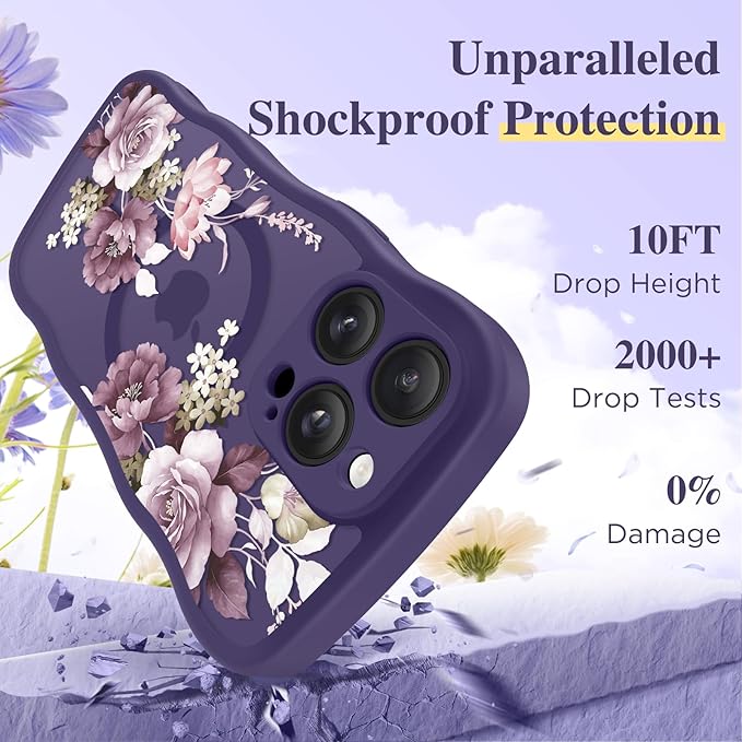 GVIEWIN for iPhone 14 Pro Case Compatible with MagSafe [Curly Wave Edge][Full Camera Protection] Floral Translucent Shockproof Magnetic Women Phone Case for 14 Pro, Cherry Blossoms/Deep Purple