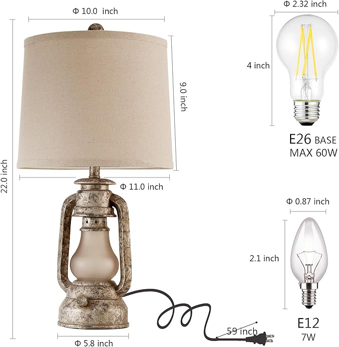 Farmhouse Rustic Table Lamps for Living Room Set of 2, Vintage Lantern Table Lamp with Dual USB Ports, Retro Nightstand Lamp for Bedroom Bedside, 4 Bulbs Included (Iron Gray)