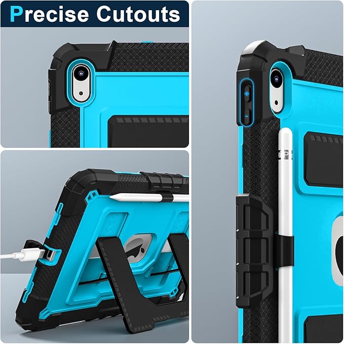 Kids Friendly Case for iPad A16 11th Generation 11 Inch 2025 / iPad 10th Generation 10.9" 2022 Case with Pencil Holder & Shoulder Strap, Hybrid iPad 11 10 Cover Rugged Shockproof Kickstand,Black+Blue