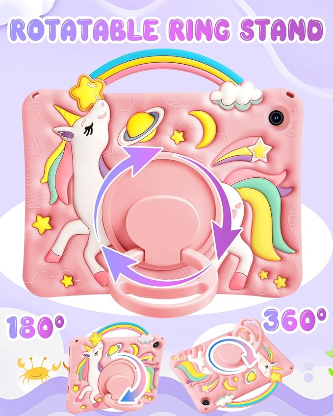 Boaretiu for Samsung Galaxy Tab A9 Plus Case - Cute Cartoon Unicorn Soft 3D Silicone Case with Strap & Rotating Stand for Girls Teens Tablet Cover for Samsung Tab A9+