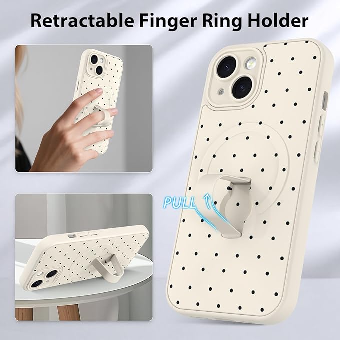 KANGHAR Compatible with iPhone 15 Case, Support for MagSafe, Silicone Spot Cute Pattern, Wristband Kickstand Camera Protection Soft Slim Cover for Girls Women -White