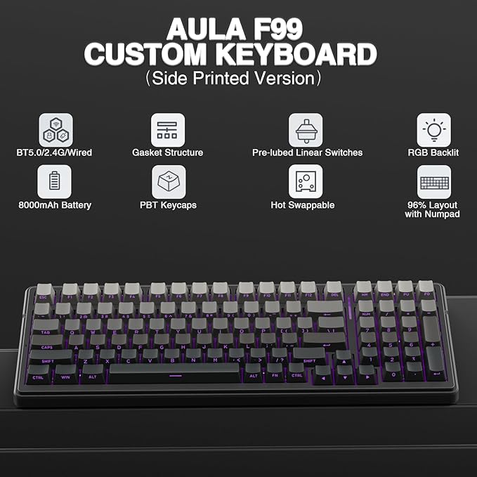 AULA F99 Wireless Mechanical Keyboard,Gasket Structure Hot Swappable Custom Keyboard,RGB Backlit,Creamy Sound,Side Printed PBT Keycaps,2.4GHz/USB-C/BT5.0 Computer Gaming Keyboards