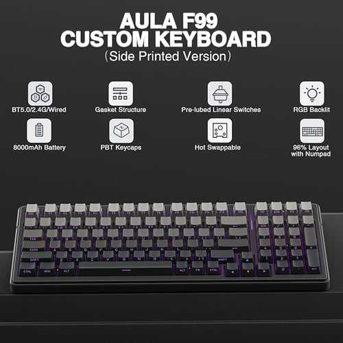 AULA F99 Wireless Mechanical Keyboard,Gasket Structure Hot Swappable Custom Keyboard,RGB Backlit,Creamy Sound,Side Printed PBT Keycaps,2.4GHz/USB-C/BT5.0 Computer Gaming Keyboards