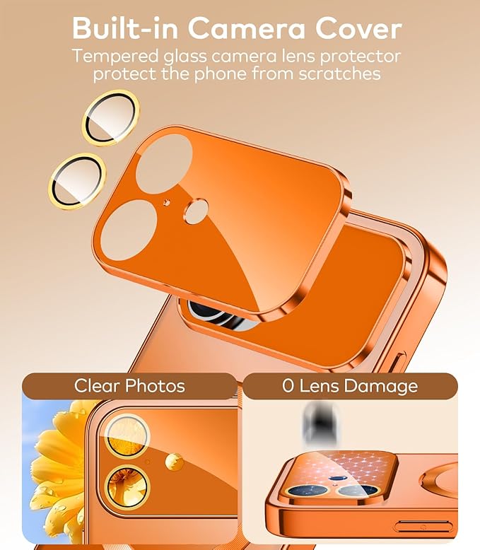 TOBOVON Magnetic for iPhone 17 Case with Ring Stand, Fits MagSafe, with Built-in Camera Lens Protector, Slim Electroplated Shockproof Phone Cover, Orange