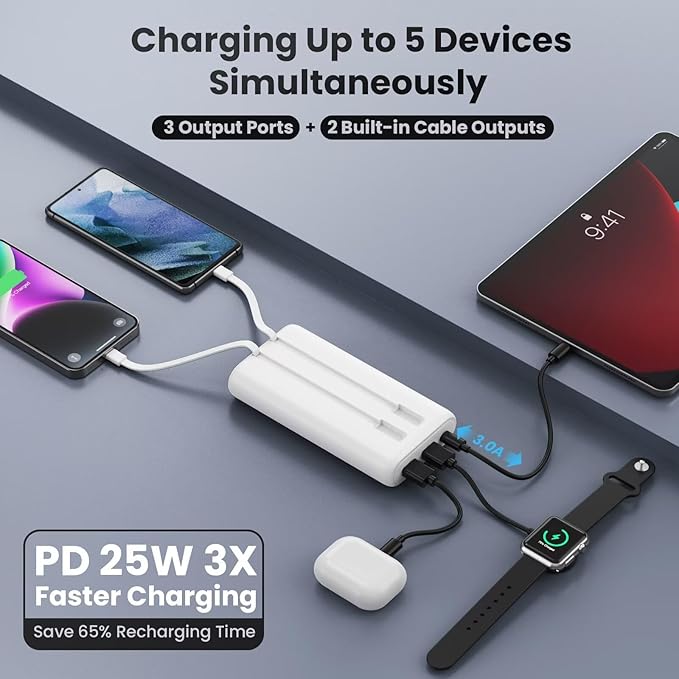 Ekrist Upgraded Portable Charger 40800mAh Power Bank - Portable Battery with 2 Built in Cables,PD 25W USB C Fast Charging Battery Pack Compatible with iPhone 17 16 15 14 13 Android Phone etc-White