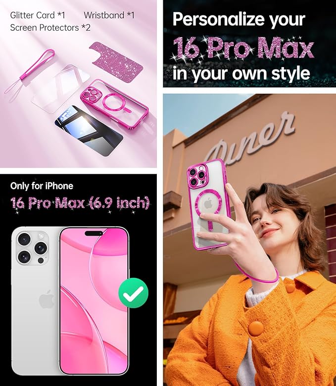 Meifigno Designed for iPhone 16 Pro Max Case 6.9", [Glitter Card & Wrist Strap], Compatible with MagSafe, 1X HD+1X Privacy Screen Protectors, Surround Lens Protection Designed for 16 ProMax, Hot Pink