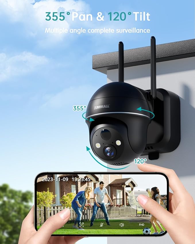 ZUMIMALL 2K Solar Security Cameras Wireless Outdoor 4-Pack, Solar Powered Cameras for Home Security with 360° View, Color Night Vision, 2-Way Talk, AI Alert, Siren, CloudEdge App, Black