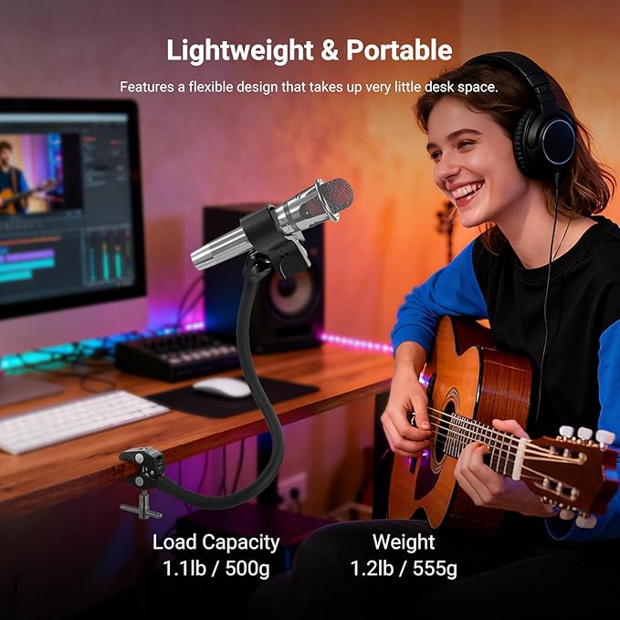 NEEWER Desktop Microphone Stand with Flexible Arm, Adjustable Desk Mic Clamp Holder Mount with Clip & 1/4" to 5/8" Adapter Compatible with Shure Razer Seiren Mini Audio Technica AT2020, MS042