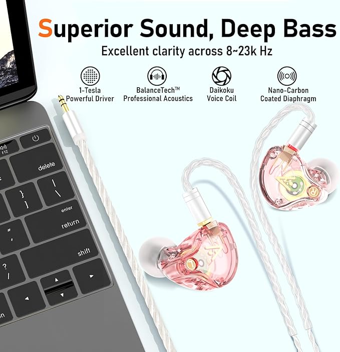 Vibes 202 Wired Earbuds - HiFi in Ear Monitor Headphones – Professional Noise Isolating Ear Buds - Clear Sound, Deep Bass & Comfort-Fit IEM Earphones - MMCX to 3.5mm, Silver Plated Cord, Carrying Case
