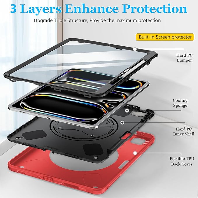 Case for iPad Pro 13 Inch M5 2025/ M4 2024: Military Grade Cover for iPad Pro 13" with Screen Protector - Stand - Handle - Shoulder Strap - Pencil Holder- Red