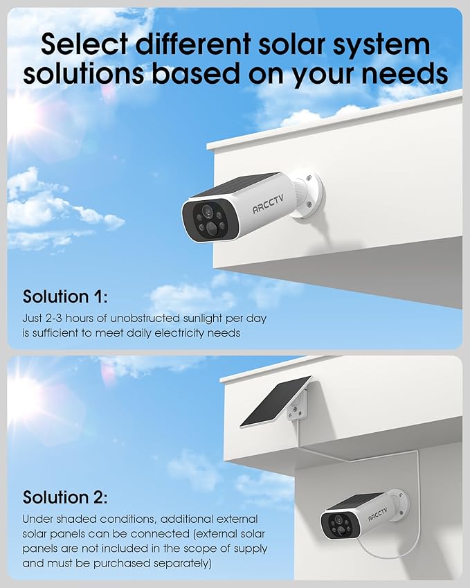 ARCCTV Solar Security Cameras Wireless Outdoor, Add on C3 Base, No Subscription 2K Cameras for Home Security Camera System, Continuous Power, Color Night Vision, PIR Sensor, IP65 Waterproof