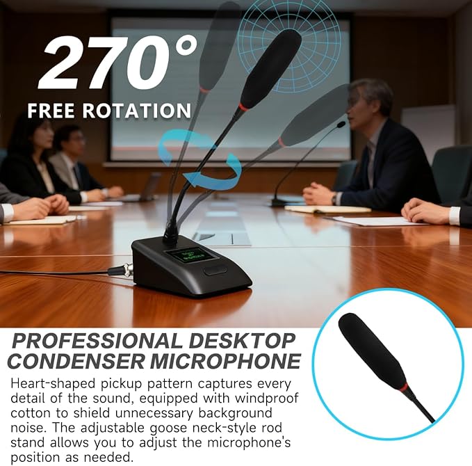 Desktop Gooseneck Conference Microphone Wired with 48V Phantom. Table Mounted Corded Condenser XLR Microphone with 26ft XLR Male to Female Cable and 6.35mm Adapter Cable for Speake, Studio, Recording