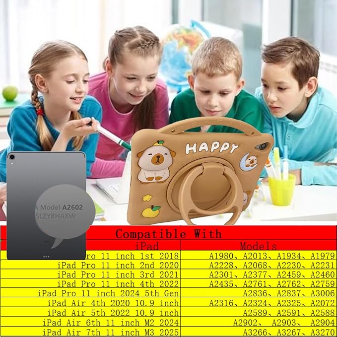 3D Cute Press Capybara Case for iPad Pro 11 inch/Air 6th/7th 11 inch 2024/2025 M2/M3/4th/5th 10.9 inch,Kawaii Cartoon Character Soft Silicone Rotating Stand Case with Lanyard for Kids Girls Women
