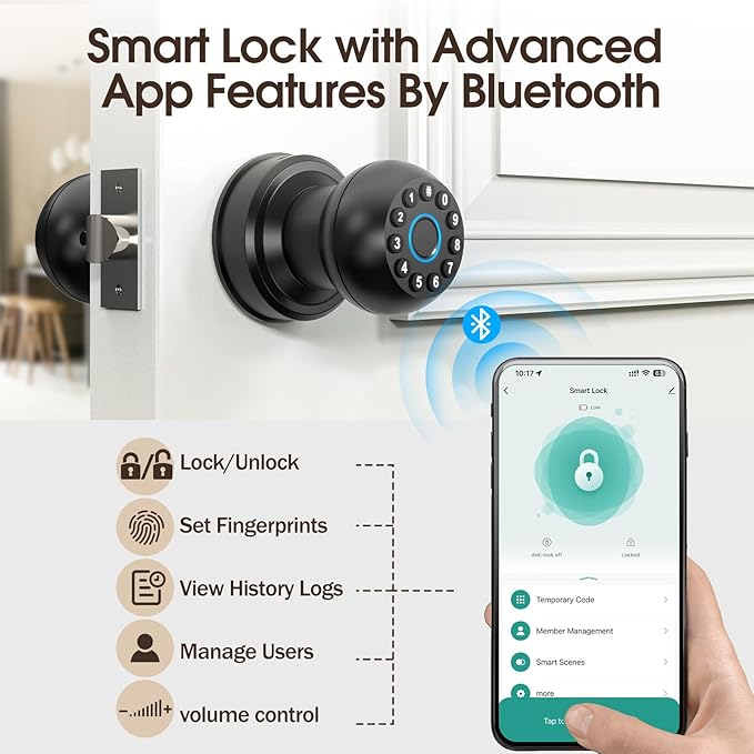 Fingerprint Door Lock, Smart Fingerprint Door Knob with Keypad, Biometric Door Knobs with App Control, Auto Lock Door Lock with Code, Keyless Door Knob with Locks for Bedroom, Home,Office-Matte Black