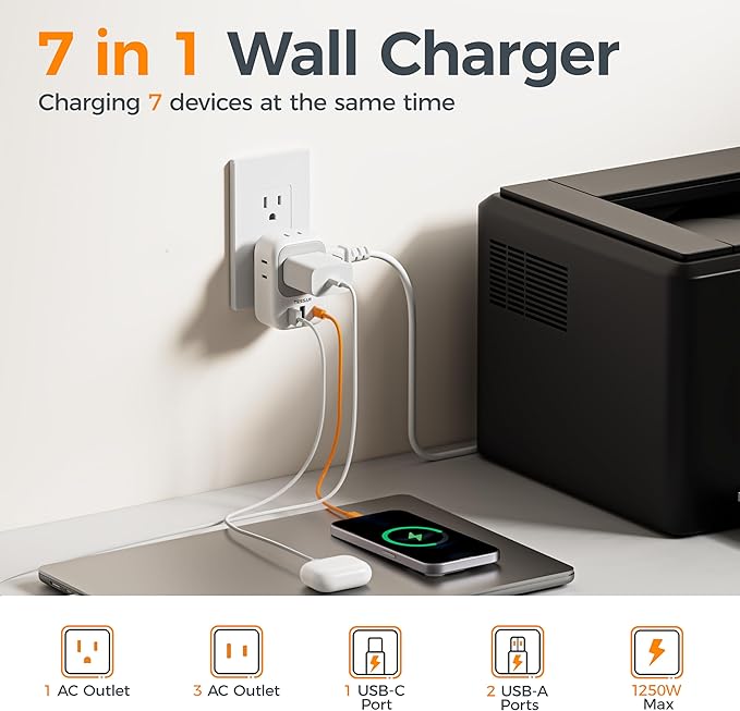 USB Wall Charger, Wall Plug Adapter Outlet Extender, TESSAN 3 Charger Block (1 USB C Port), Multi Charging Station for Cruise, Bathroom, Office, Dorm Essentials