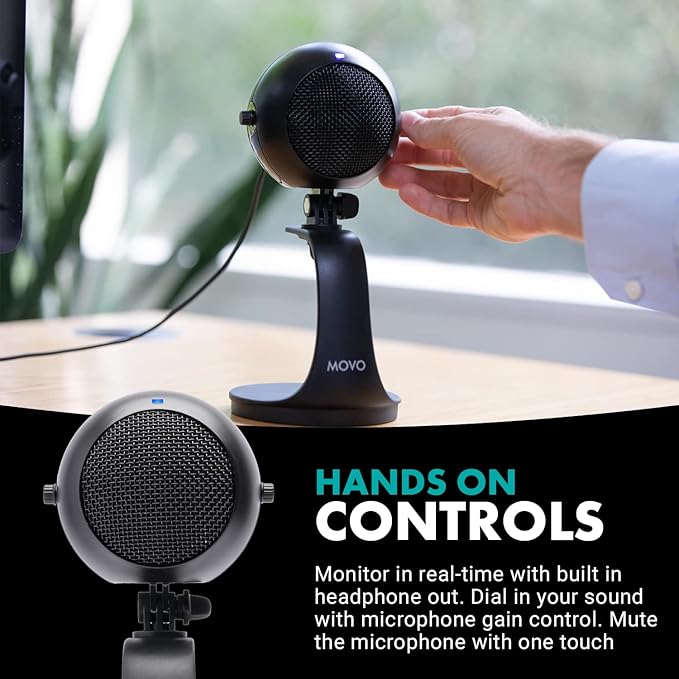 Movo WebMic USB Microphone with Desktop Stand in Black- Cardioid Condenser Computer Microphone for PC and Mac with Mic Gain, Headphone Monitoring- for Gaming, Podcast, Streaming, Video Conferencing