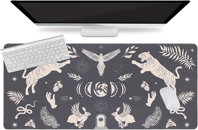L-SPOUTTO Black Mystical Desk Mat for Keyboard and Mouse,Astrology XXL Gaming Mouse Pad,Large 35.4x15.7in Non-Slip Rubber Base Keyboard Pad Desktop Mat for Laptop Computer Work Home Office-Wild Animal