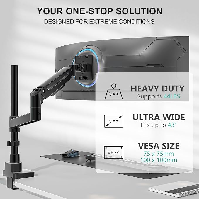 WALI Heavy Duty Monitor Arm Desk Mount for 13-43 Inch Ultrawide Screens, Single Monitor Arm with Full Motion Tilt, Swivel, Rotation, Holds up to 44 lbs, C-Clamp Mount for VESA 75/100mm (GSDM001-P)