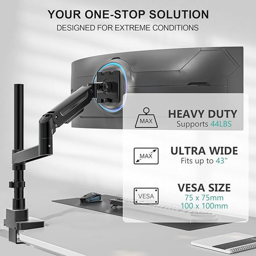 WALI Heavy Duty Monitor Arm Desk Mount for 13-43 Inch Ultrawide Screens, Single Monitor Arm with Full Motion Tilt, Swivel, Rotation, Holds up to 44 lbs, C-Clamp Mount for VESA 75/100mm (GSDM001-P)