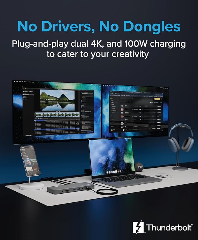 Plugable Thunderbolt 4 Dock for M4/M5 MacBook Air & Pro: 100W Charging Driverless Laptop Docking Station with 4K HDMI Dual Monitor or Single 6K, 6X USB, SD, Ethernet, Thunderbolt Certified (TBT-UDM)
