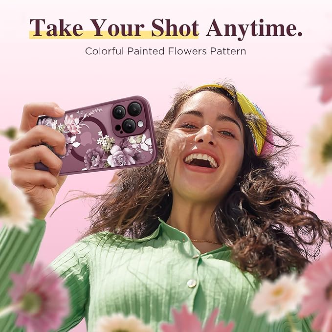 GVIEWIN for iPhone 16 Pro Max Case Compatible with MagSafe, [Military Grade Protection] [Screen Protector] Full Camera Protection Floral Translucent Women Magnetic Phone Case, Cherry Blossoms/Burgundy