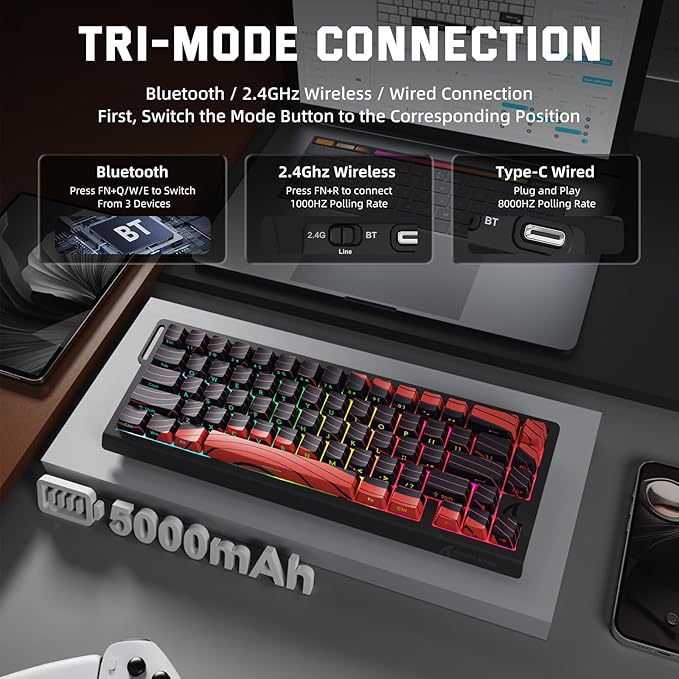 ATTACK SHARK X68 PRO HE Wireless Rapid Trigger Gaming Keyboard with Adjustable Actuation,8K Polling Rate,Hall Effect Magnetic Switch,Hot-Swap,RGB Backlit,BT/2.4GHz/Wired,for FPS Games-Black&Red