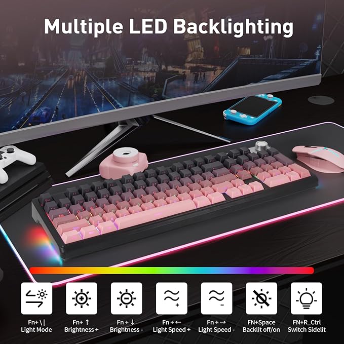 HUO JI Wireless Mechanical Gaming Keyboard with Knob, Bluetooth 5.0/2.4GHz/USB-C Wired, Hot Swappable Red Switches, Anti-Ghosting, Led Backlit, 96% Computer Keyboard for PC Gamer, Pink