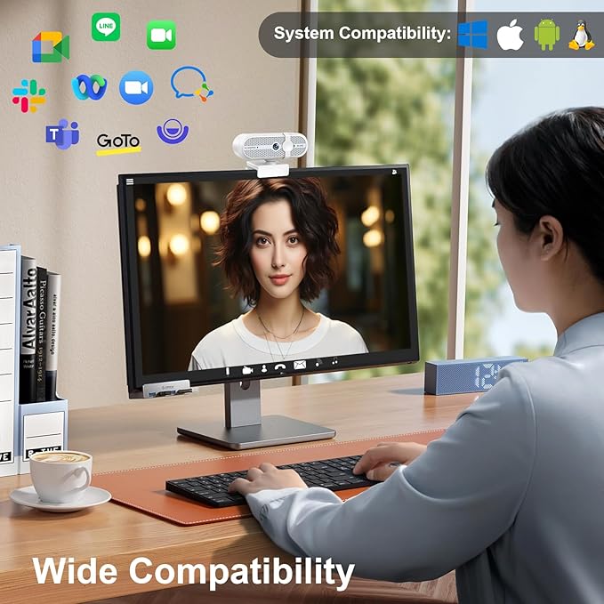 2K Webcam for PC, Webcam with Microphone and Tripod, Auto Light Correction, USB Camera Plug and Play, 90° Wide FOV, Privacy Cover, Works with Skype, Zoom, Meet, Teams, PC, Laptop, Mac, Tablet