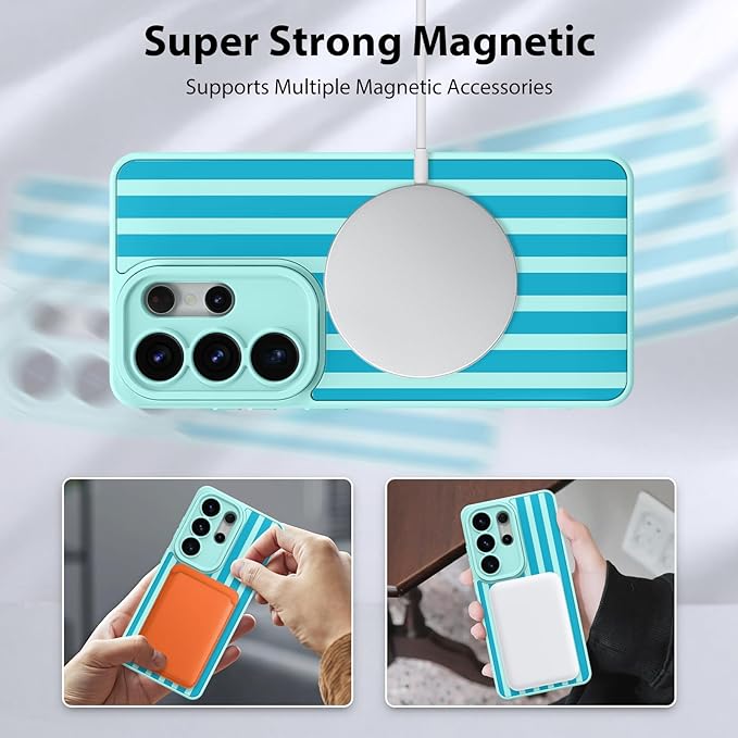 KANGHAR Compatible with Samsung Galaxy S26 Ultra Case, Support for MagSafe, Silicone Stripes Cute Pattern, Wristband Kickstand Camera Protection Soft Slim Cover for Girls Women -Blue