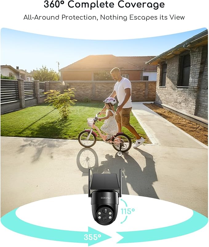 COOAU Cameras for Home Security, 2K 360° Solar Security Cameras Wireless Outdoor, Low-Light Rechargeable, Easy to Install, Surveillance Cam with AI Smart Detection,Color Night Vision,Two-way Audio