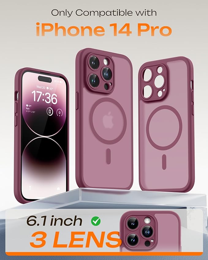 TOCOL for Phone 14 Pro Case, Compatible with Magsafe Charger, Full Camera Protection, Drop Protection, Translucent Matte Phone Case for iPhone 14 Pro 6.1 inch (Plum)
