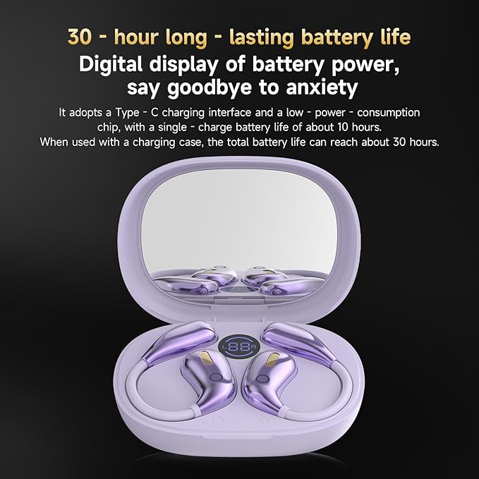 Open Ear Earbuds, Wireless Bluetooth 5.4 Headphones, Stereo Sound IPX7 Waterproof with Ergonomic Earhook for Running, Workout, Travel, Purple